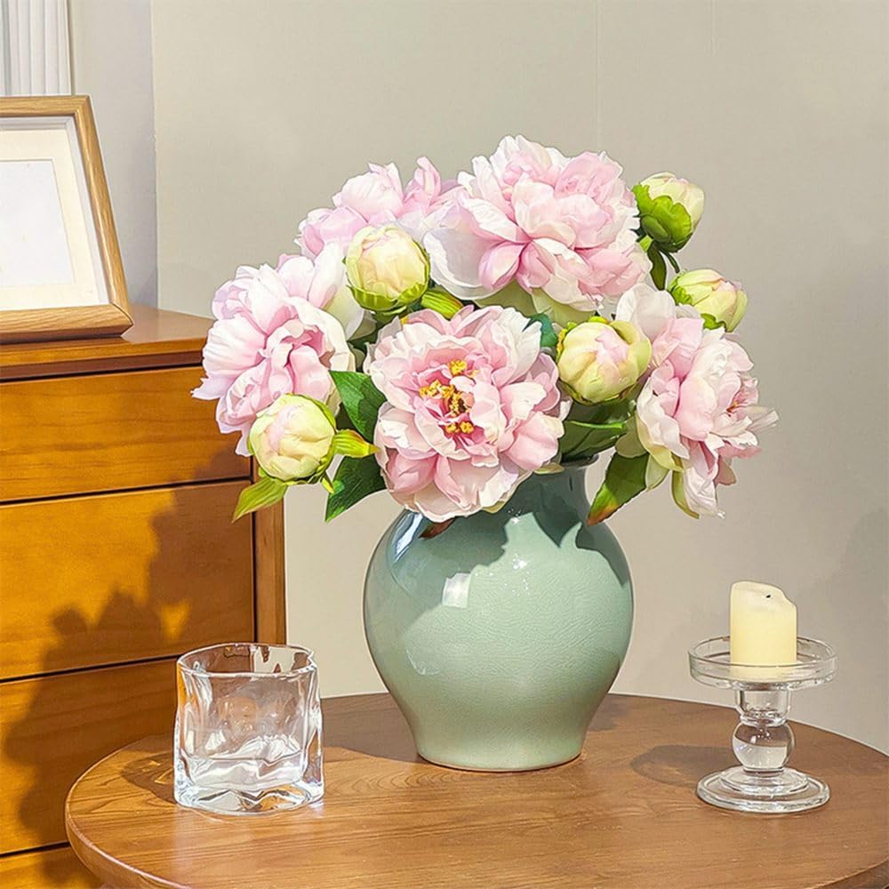 LIJUCAI 5pcs Artificial Peony Flower Stems 68cm Faux Silk Peony Flowers Coral Pink Realistic Floral Branches with Buds for Vase Arrangement Home Wedding Table Centerpiece Decor,C1
