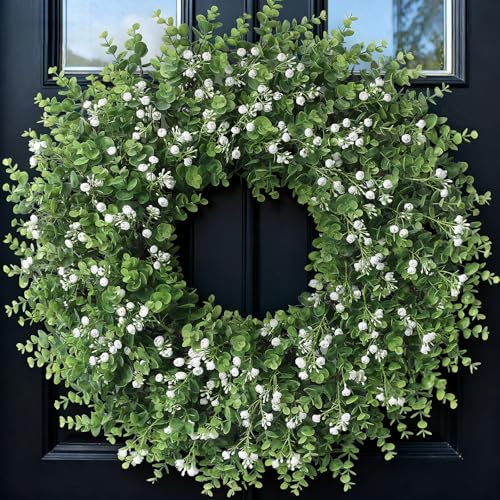 26' Artificial Eucalyptus Wreath with Baby's Breath for Front Door - Faux Eucalyptus Leaves, Fake Spring/Summer Greenery Flowers Wreath for Porch, Farmhouse, Wall, Window Outdoor Decor