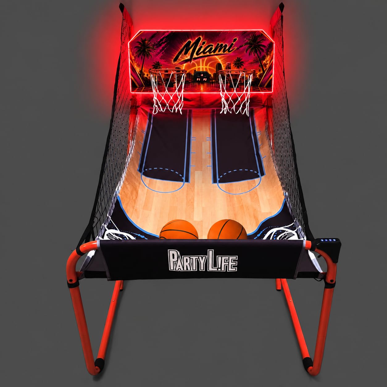 PartyLife 2-Player Basketball Arcade Game w/LED Lights | Electronic Scoring | 5 Balls, 1 Pump, 8 Games | Folding Design | Heavy-Duty Steel Frame