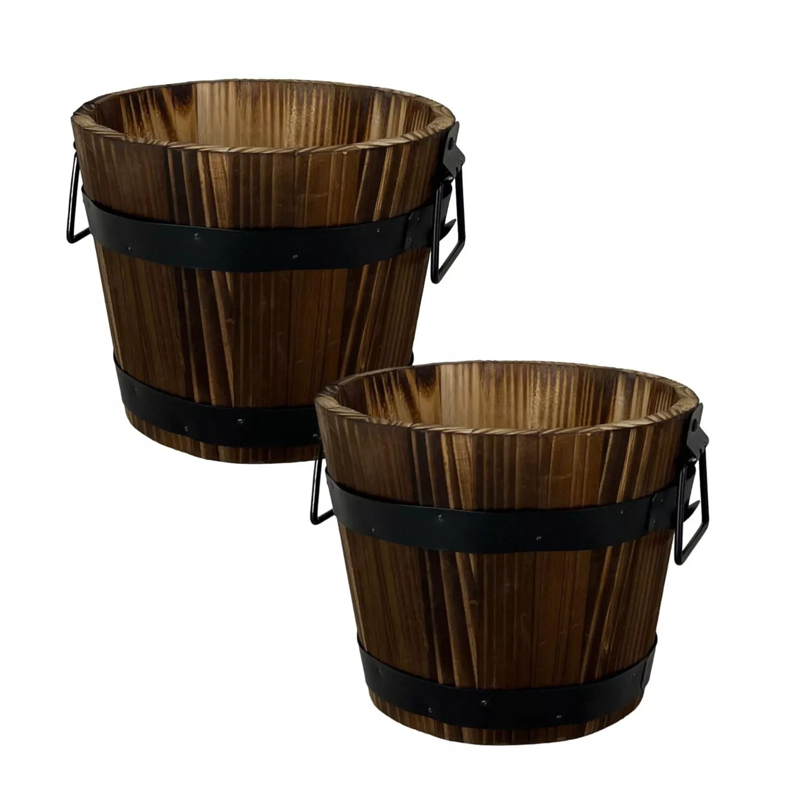 Fyne-Finds Natural Round Wooden Whiskey Barrel Planter 24Cm, 9Inch Garden Pot With Metal Handles Band Outdoor Tub Weatherproof Drainageholes (2)