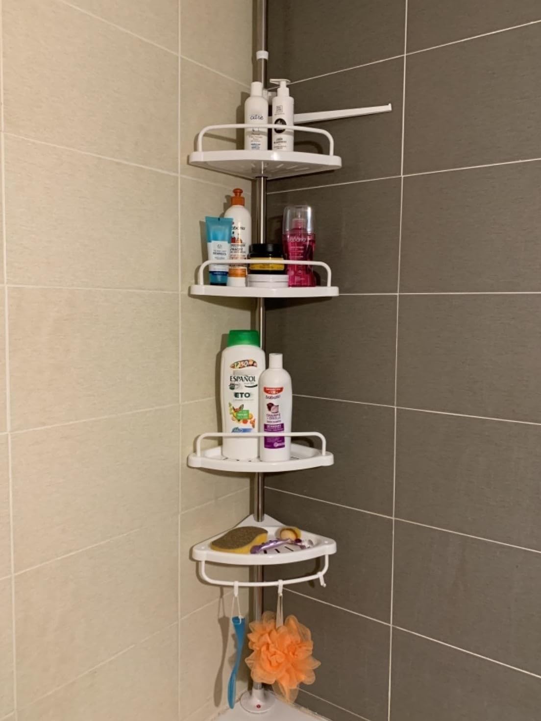 4-Tier Corner Shower Caddy Telescopic Rod Support No-Drill Installation Rustproof Bathroom Tension Pole Storage Shelf with Hooks White