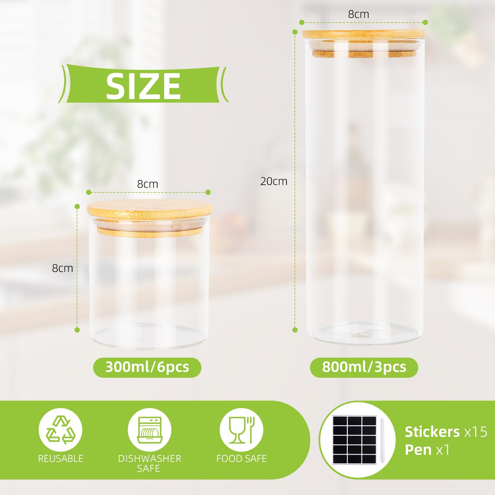 FoiiLiio Barattoli Vetro con Coperchio,Set di 9 barattoli Vetro,barattoli Ermetici con Coperchio,300ml/800ml Barattolis Cucina in Bambù,Vasetti per Cereali Pasta