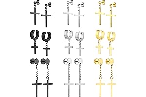 9 Pairs Stainless Steel Cross Earrings, Dangle Hypoallergenic Unisex Punk Hoop Earrings