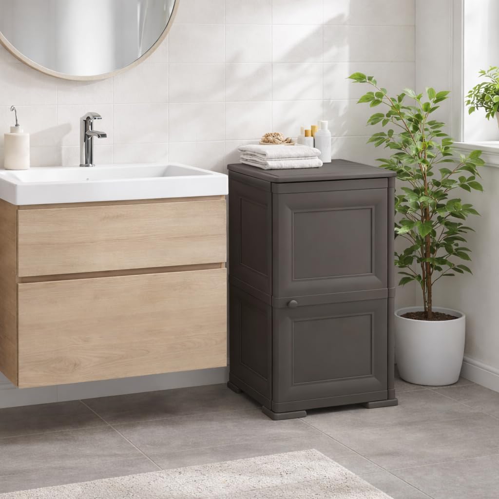 Mobile Bagno Salvaspazio 2 Ante in Plastica Wengé 40x43x85,5 cm – Armadietto Contenitore con Ripiano Interno per Asciugamani, Carta Igienica e Organizzazione Bagno (Taupe Scuro)