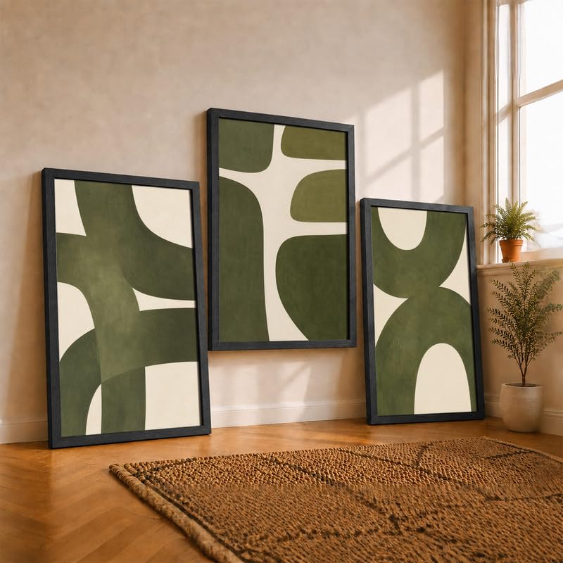 NoWorries Abstract Wall Painting Set of 3 with Frame | Minimalist Green & Beige Geometric Shape Artwork, Modern Boho Wall Decor for Living Room, Bedroom, Office and Home Decoration (Art-15, 10x13inch)