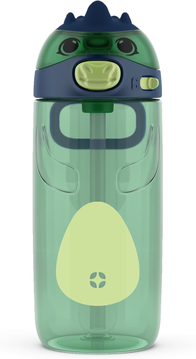 Ello Ellies 16oz Plastic Kids Water Bottle with Straw and Built-in Carrying Handle and Leak-Proof Locking Lid for School backpack, Lunchbox and Outdoor Sports, Dino
