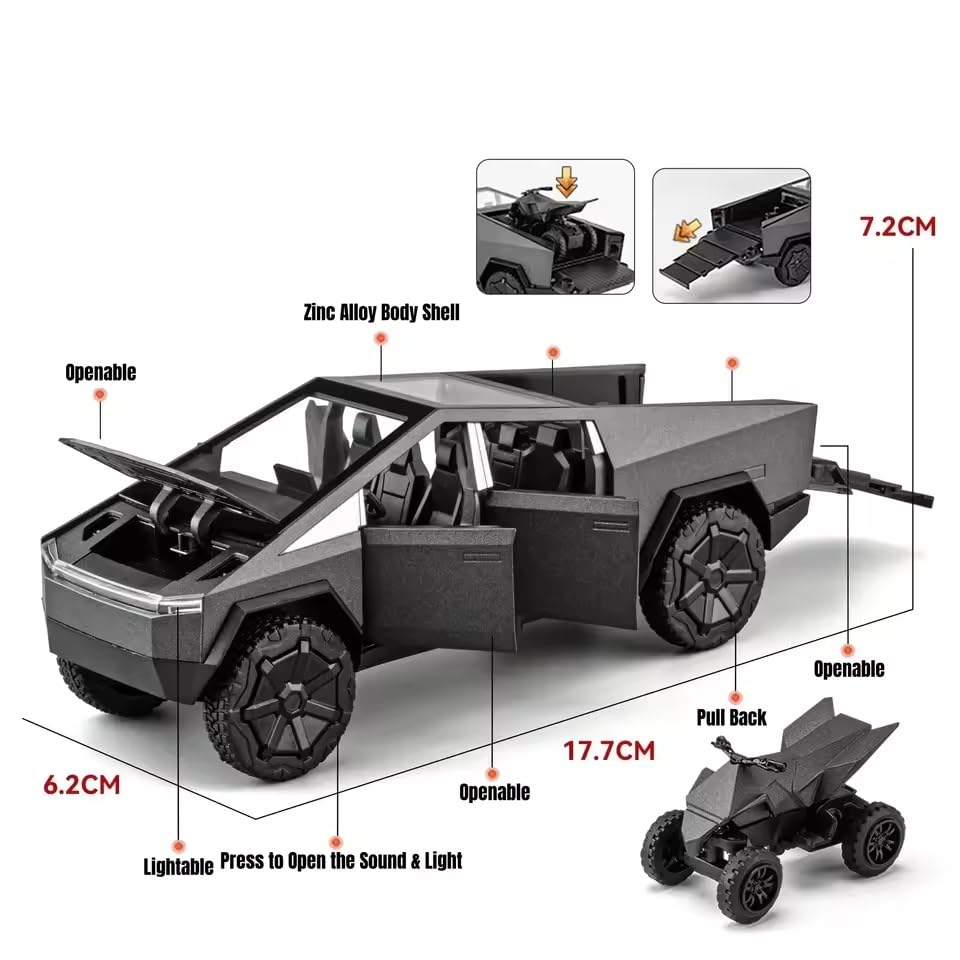 Image of Alokik Enterprise 1:32 Tesla Cybertruck Model Die-Cast Metal Pull Back Car with 6 Openable Doors with Sounds and Lights Toy Decoration Car Best Gift Toys for Kids【Color As Per Stock】