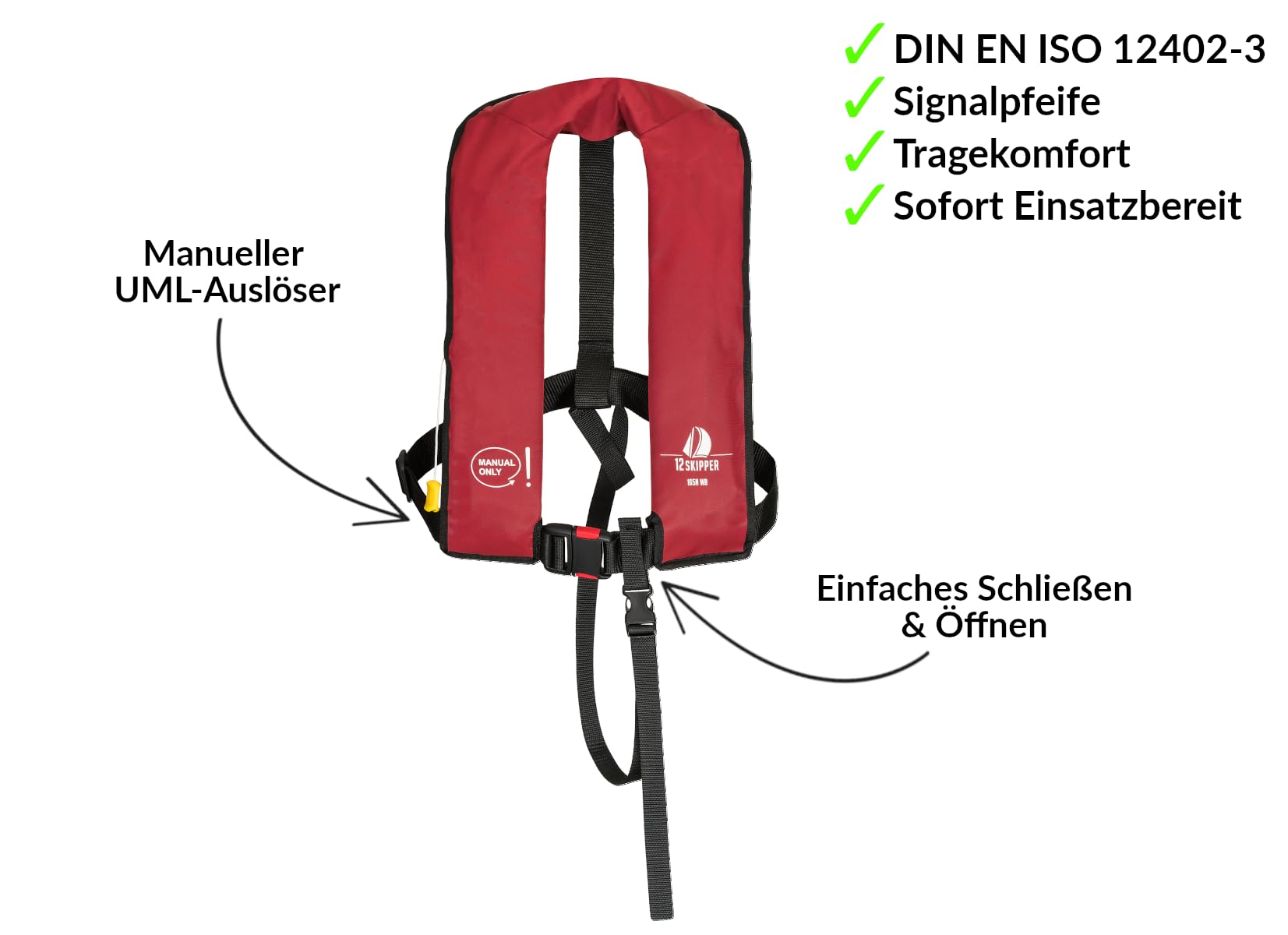 4er-Set 12skipper Rettungsweste 165N ISO mit manueller Auslösung, rot inkl. 4 Wartungskits