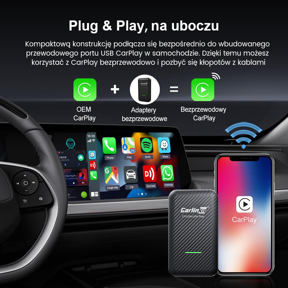 CarlinKit Bezprzewodowy adapter CarPlay 3.0 do fabrycznie okablowanych pojazdów CarPlay, czerwony interfejs UI, kompatybilny z Audi/Porsche/Volvo/Mercedes/VW/KIA/Hyundai, Upgrade, IOS17