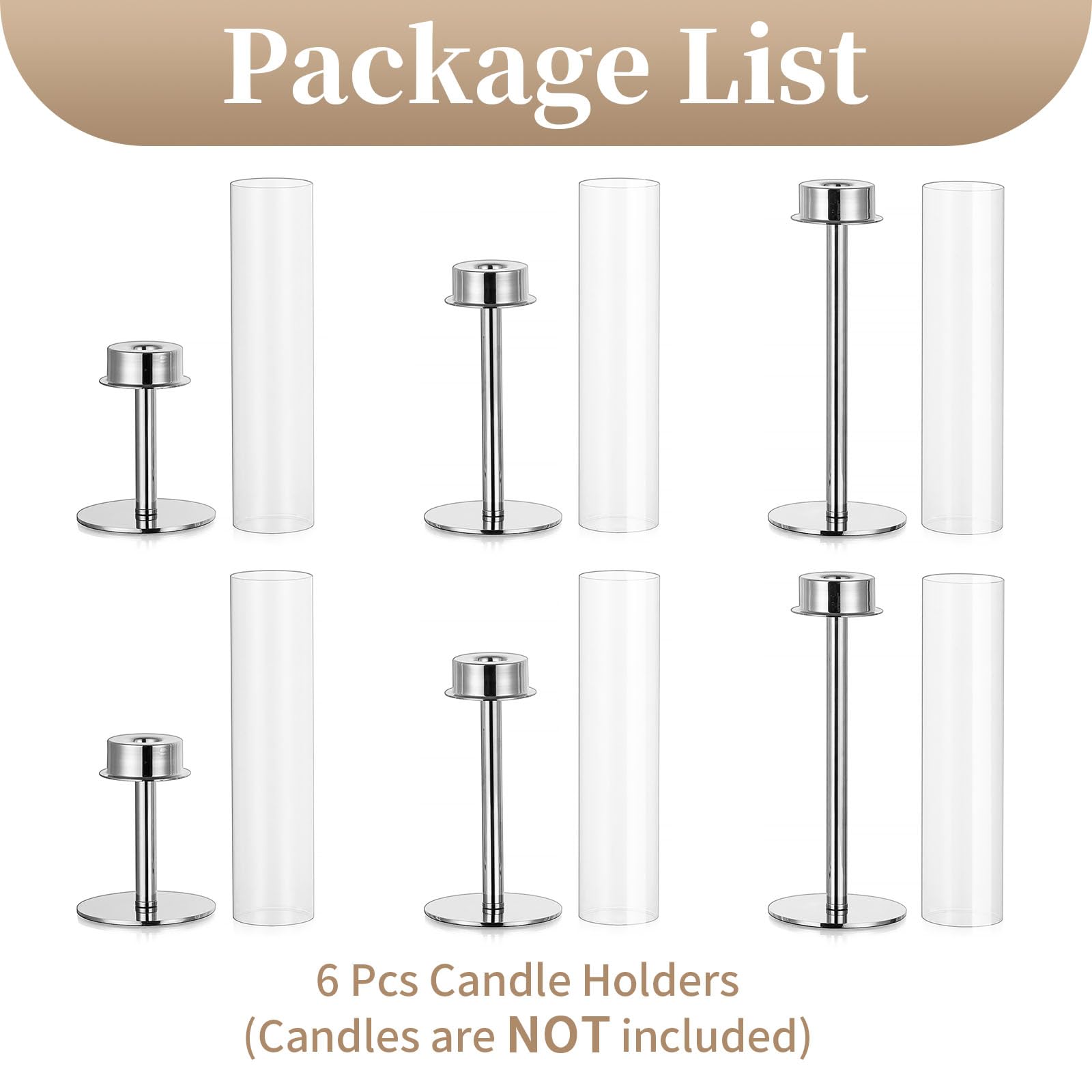 Sziqiqi Kerzenhalter Kerzenständer Silber Metall für Hochzeitstisch Mittelstücke - 48cm Hoch Kerzenständer 6er Set Windlicht Kerzenhalter Stabkerze mit Glas für Esszimmer Kaffee Tischdekoration