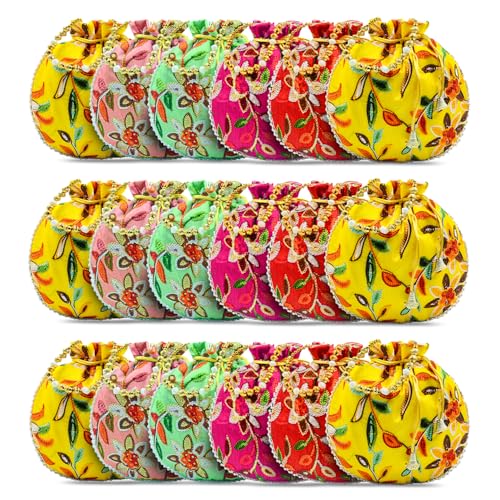 Image of Women Potli Bags | Zari Embroidered Silk With Drawstring | Traditional Return Gifts for Mehandi, Haldi, Baby Shower, Wedding, Sangeet, Seemantham