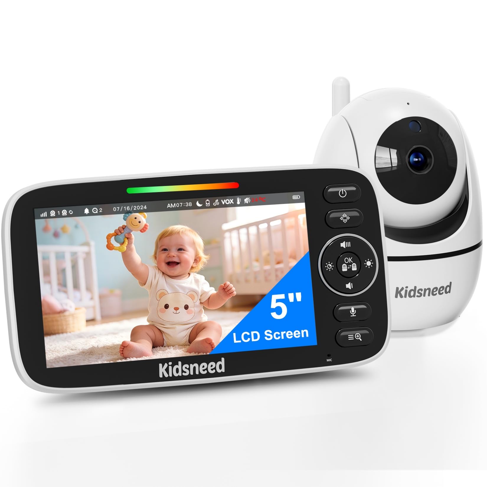 Kidsneed Baby Monitor with Camera and Audio - 5 inch 720P Video Baby Monitor, No WiFi, 48H Battery Life, Night Vision, Two Way Talk, Remote Pan Tilt Zoom, Thermal Monitor，1000 ft Range （530）