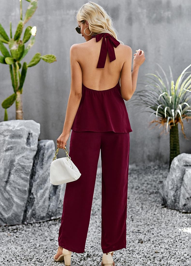 Co Ord zestawy dla kobiet spodnie i top, czarne wiązane na szyi paski bez pleców seksowna kamizelka bez rękawów koszulka na co dzień spodnie z szerokimi nogawkami moda salon wyjście zestawy