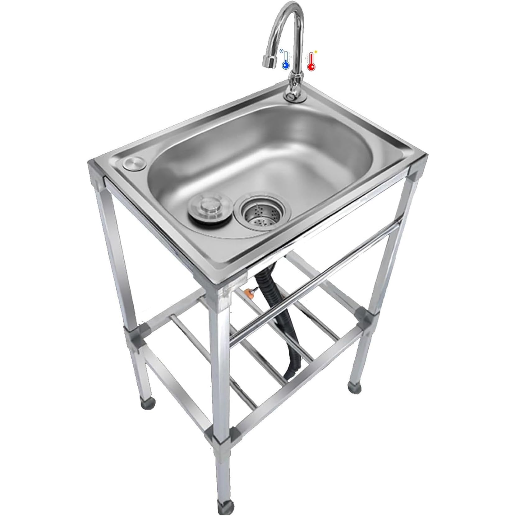 Lavandini autoportanti in acciaio inox Lavello Da Cucina 1 Vasca Interno | e Esterno Lavandino Commerciale con Supporto e Rubinetto,per Lavanderia/Ristorante/Campeggio/Giardino/Garage,Facile Da Pulire