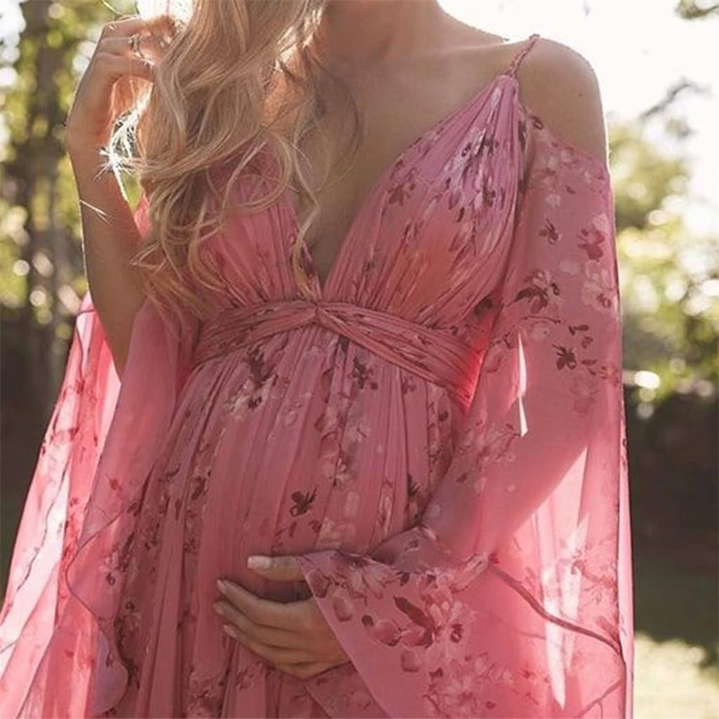 Halter Deep V-Neck Print Sexy Bat-Sleeve Pleated Maxi Maternity Skirt Top and Bottom Lining