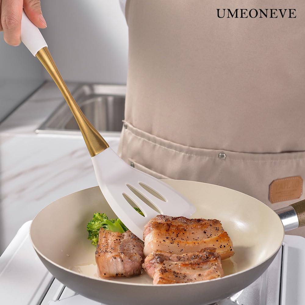 Juego de utensilios de cocina de silicona, 9 piezas, dorado y blanco, utensilios de cocina universales