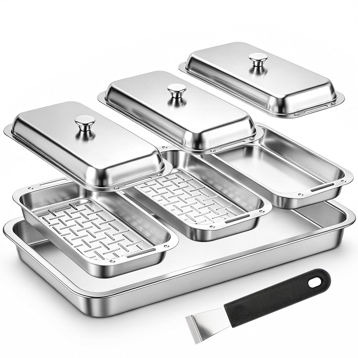 Denmay Grillkorb Set mit Deckel, Edelstahl Grillpfännchen Set mit Griff für Gasgrill & Holzkohlegrill – Universal Grillpfannen zubehör für Weber, Enders, Charbroil Grill, 3 Grillkörbe + 1 Grillschale