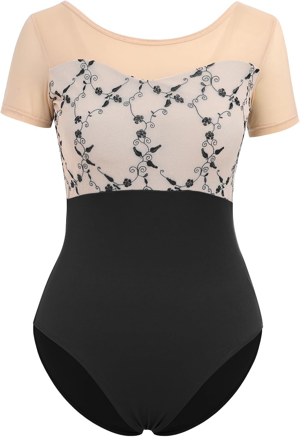 Ballet Leotard for Women Floral Mesh Short Sleeve Dance Leotard Adult