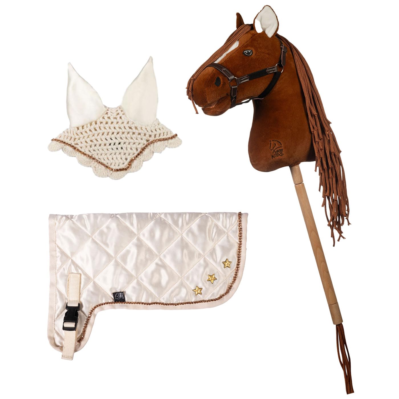 Brama West HKM Hobby Horse Premium Set – Steckenpferd mit Premium Decke & Fliegenhaube in Beige – mit Glitzersteinen & Stickerei – Kinder Hobby Horsing (Dunkelfuchs/Beige)