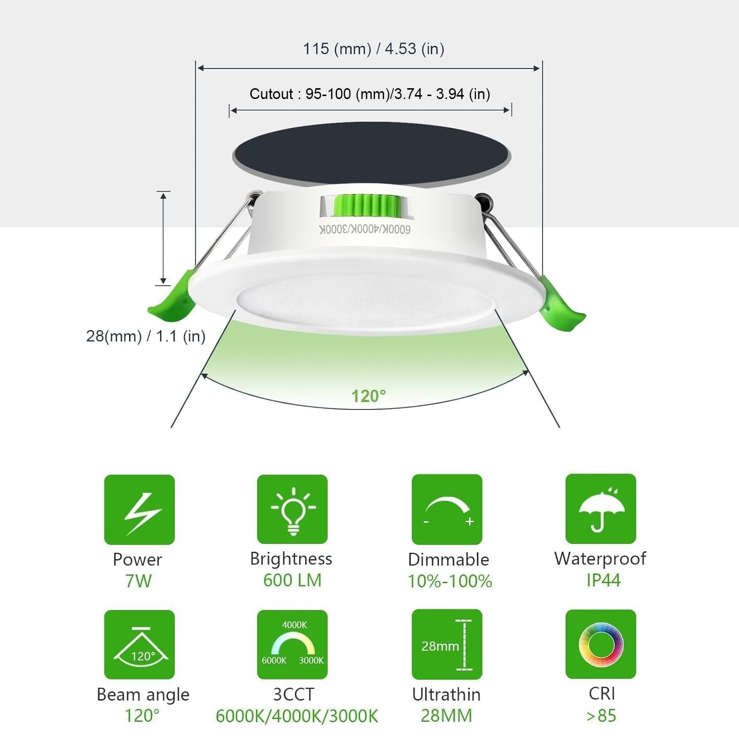 IP44 Downlight LED Techo Empotrable 7W Regulables 3000K/4000K/6000K con Brillo de 5%-100%, Focos LED Baño AC220-240V, Orificio 95-100mm Pack 5