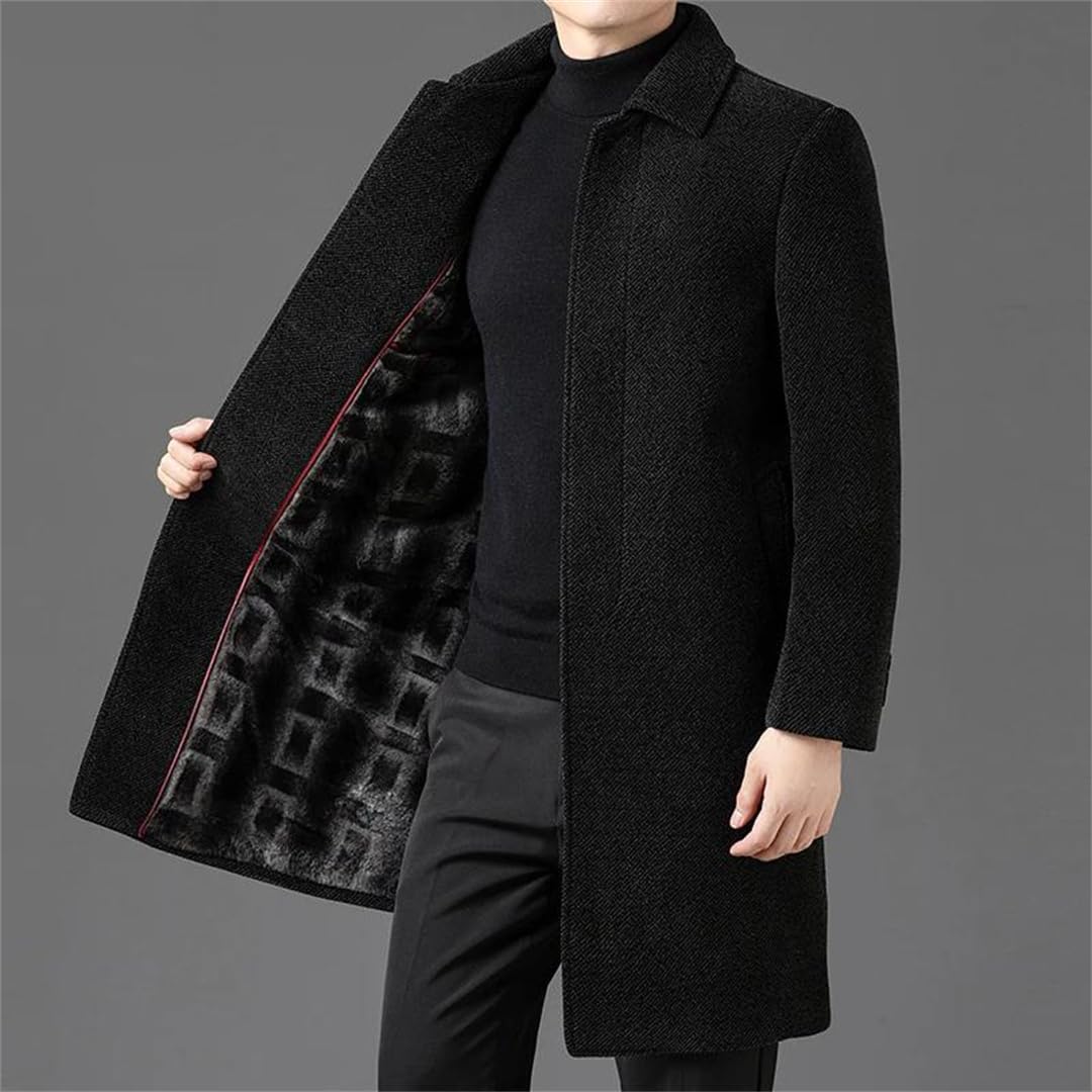 Men’S Winter Wool Trench Coat – Long Fleece-Lined Overcoat Thick Warm Soft England Style Jacket