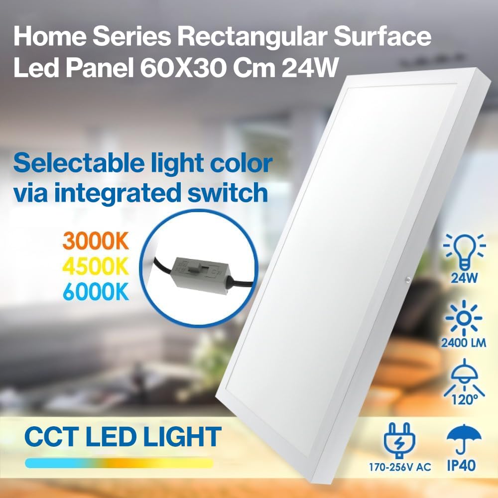 M LEDME - LED-Deckenleuchte, 60 x 30 cm, 24 W, mit warmweißem, neutralem oder kaltem Weiß (CCT), 2400 Lumen, LED-Beleuchtung für Küche oder Schlafzimmer, Treiber enthalten.