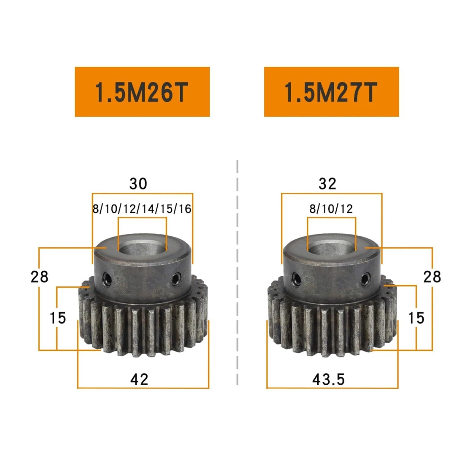 Bevel Gear Pinion Hardware Mechanical Spur Gear 1.5 Module-26T/27T Bore Size 8/10/12/14/15/16mm Motor Gear Carbon Steel Blackening High Frequency Quenching(1.5M26T-Bore 16mm)