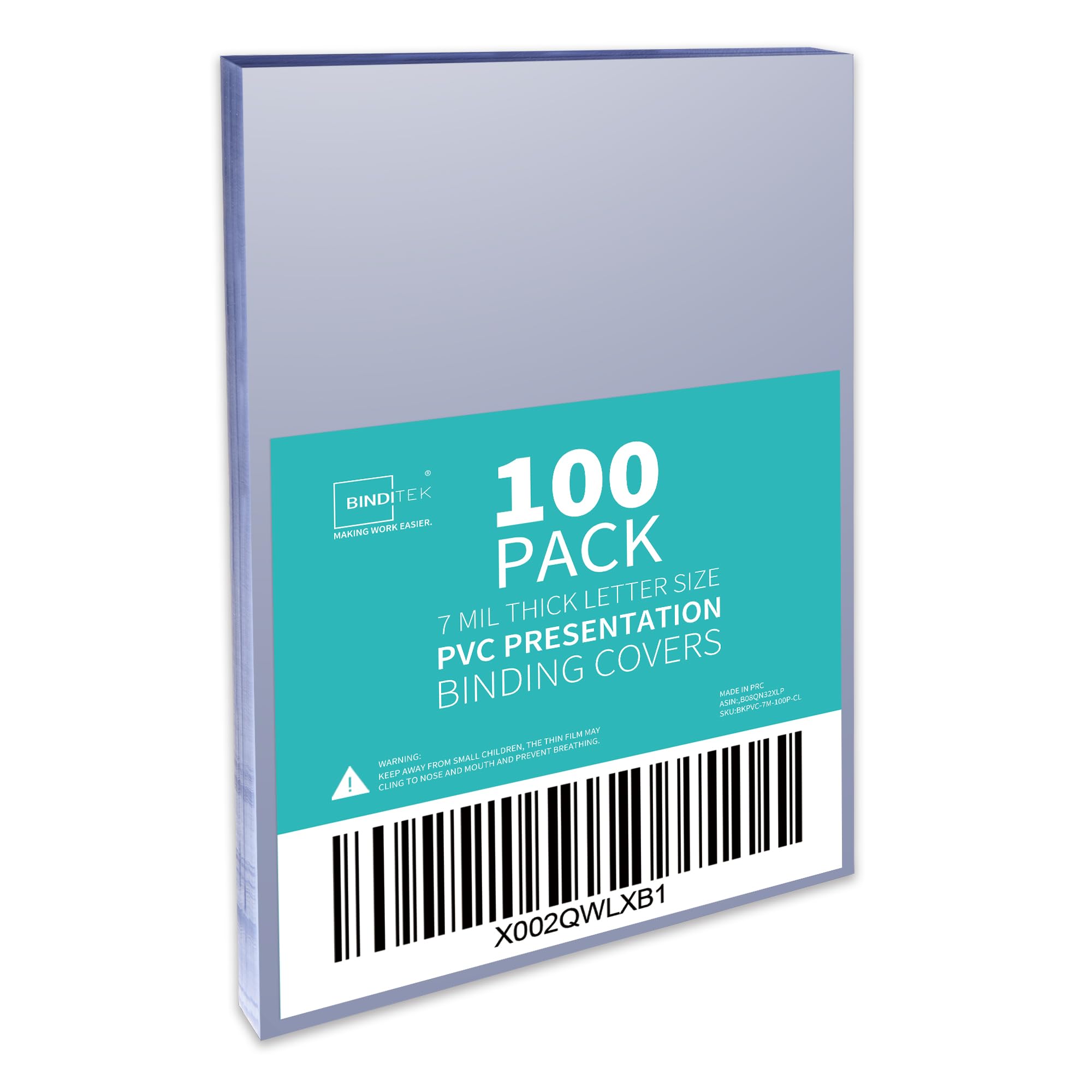 Binditek 100 Pack 7 Mil PVC Plastic Binding Covers, 8.5 x 11 Inches, Letter Size, Square Corners, Un-Punched, Office Supplies