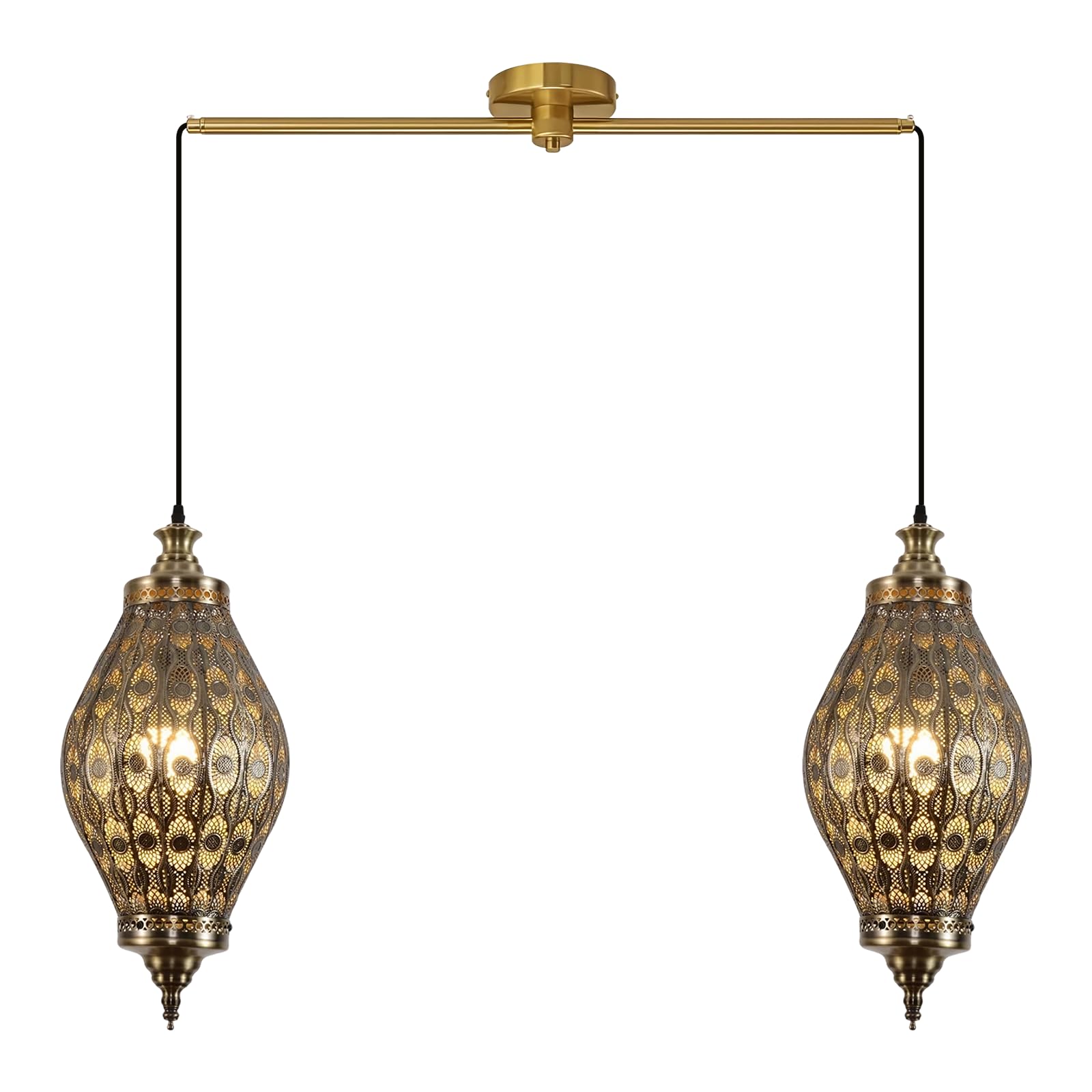 2-Light Linear Pendant Retro Metal Hanging Chandelier Brushed Brass