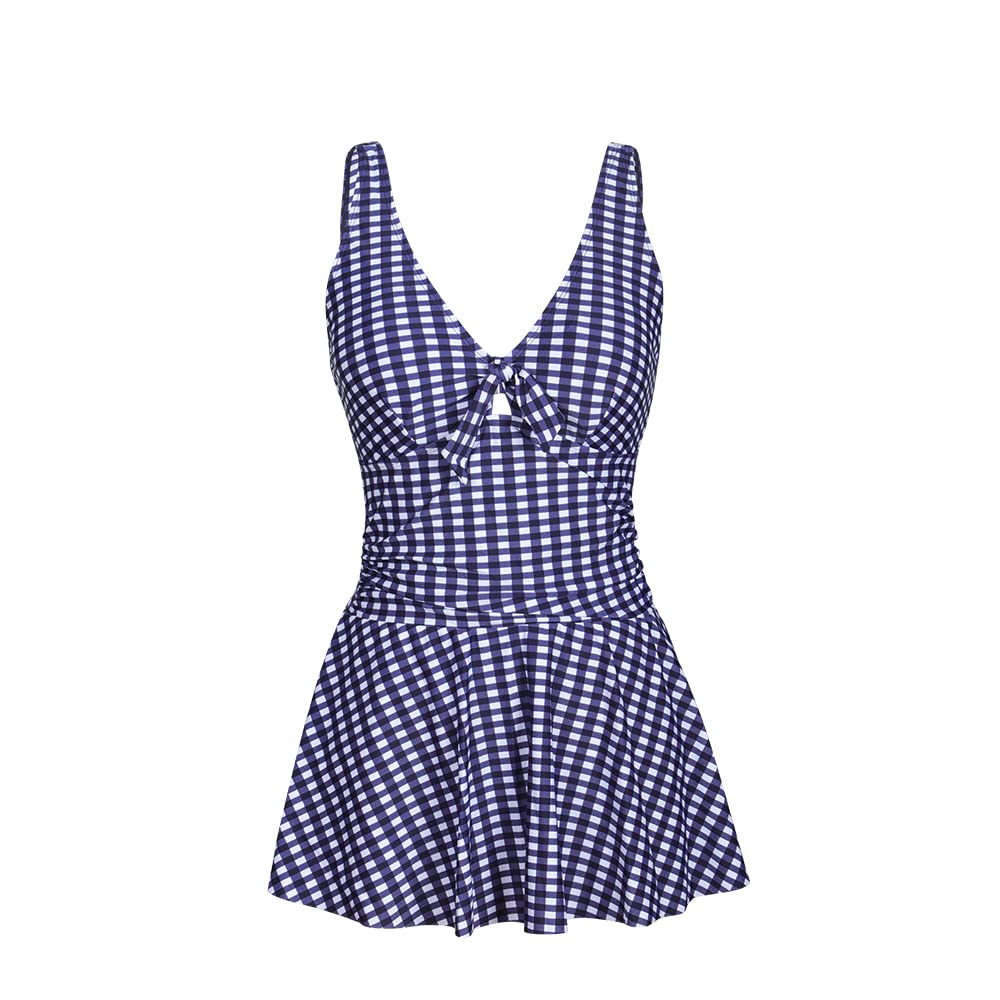 Julysand Womens One Piece Skirt Swimsuit Blue White Plaid Swimwear Elegant Bow Deep-V Ladies Tummy Control Plus Size