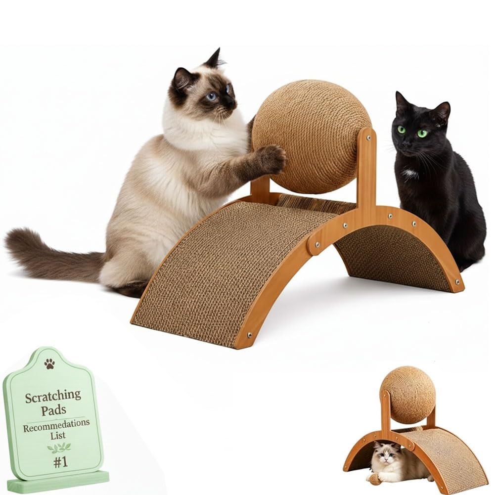 Wobble Ball Cat Scratcher Interactive Sisal Rotating Toy Track Arch Bridge Stand Indoor Kittens Enrichment Exercise Durable Wood Playful Training Natural Climbing Pet for Daily Activity(Large)