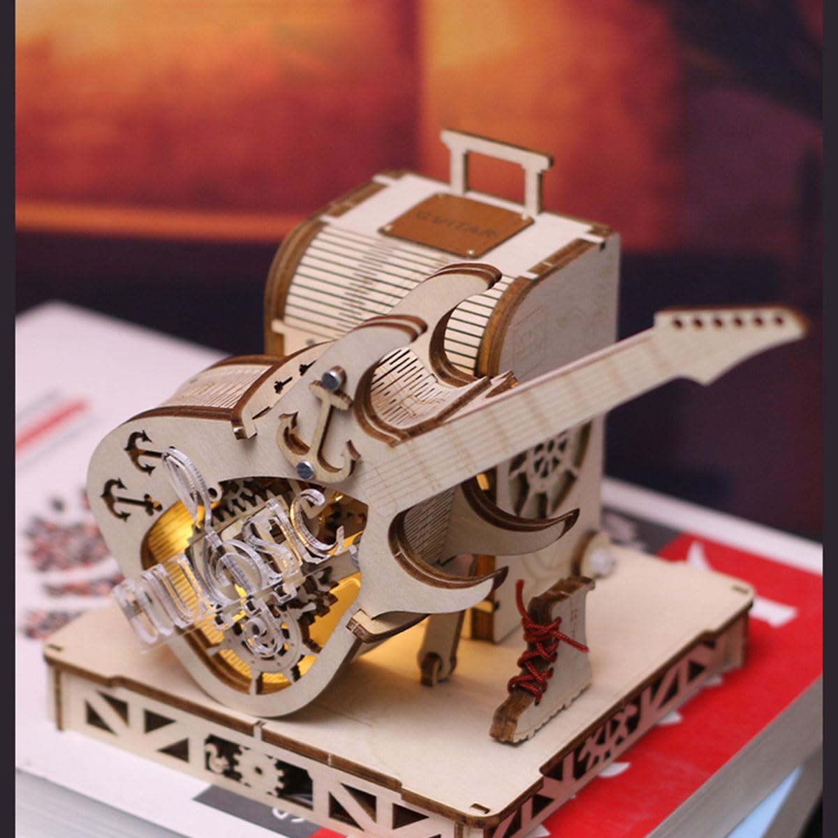 Kit di costruzione in legno 3D, carillon per chitarra, trasmissione meccanica, modello in legno per adulti, da costruire, decorazione per la casa, regalo di compleanno di Natale (150 pezzi)
