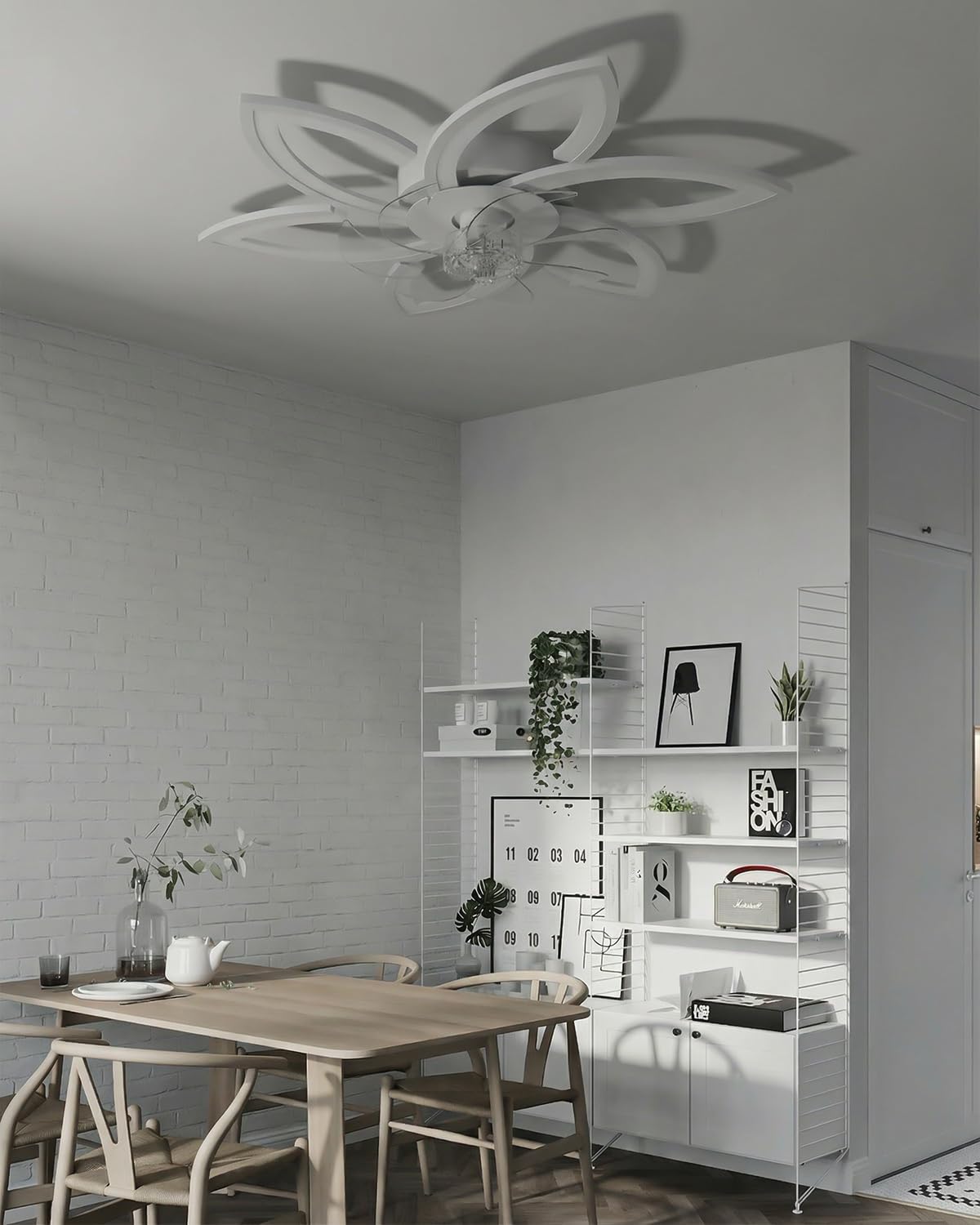 Lampadario Intelligente con Ventilatore e Controllo Alexa, Nessun WiFi Richiesto, Plafoniera con Ventilatore Design Moderno a Fiore, Lampadario Ventola per Camera da Letto, Soggiorno, Bianco