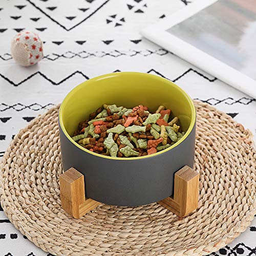 Image of Gray Green Ceramic Dog Bowl with Wood Stand No Spill Pet Food Water Feeder Cats Small Dogs