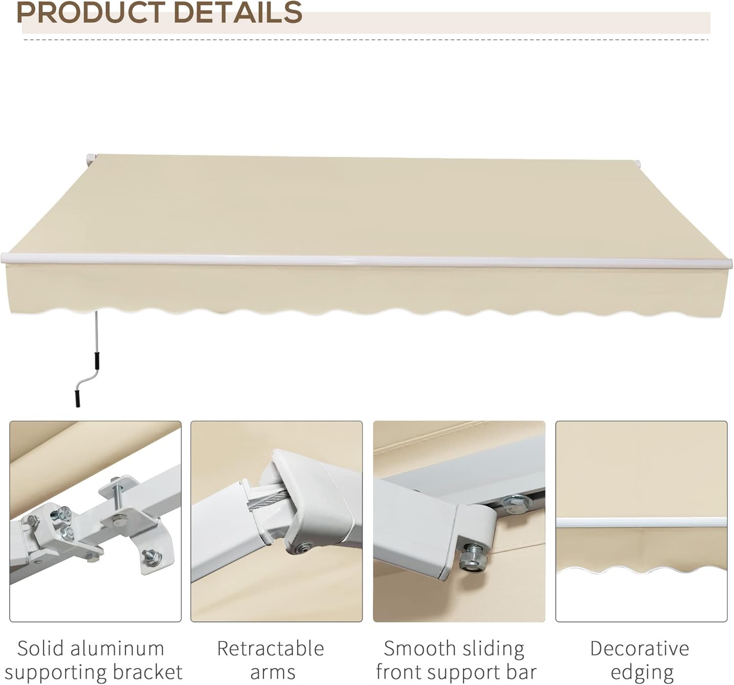 Outsunny 12' x 8' Retractable Awning Patio Awnings Sun Shade Shelter with Manual Crank Handle, 280g/m² UV & Water-Resistant Fabric and Aluminum Frame for Deck, Balcony, Yard, Cream White