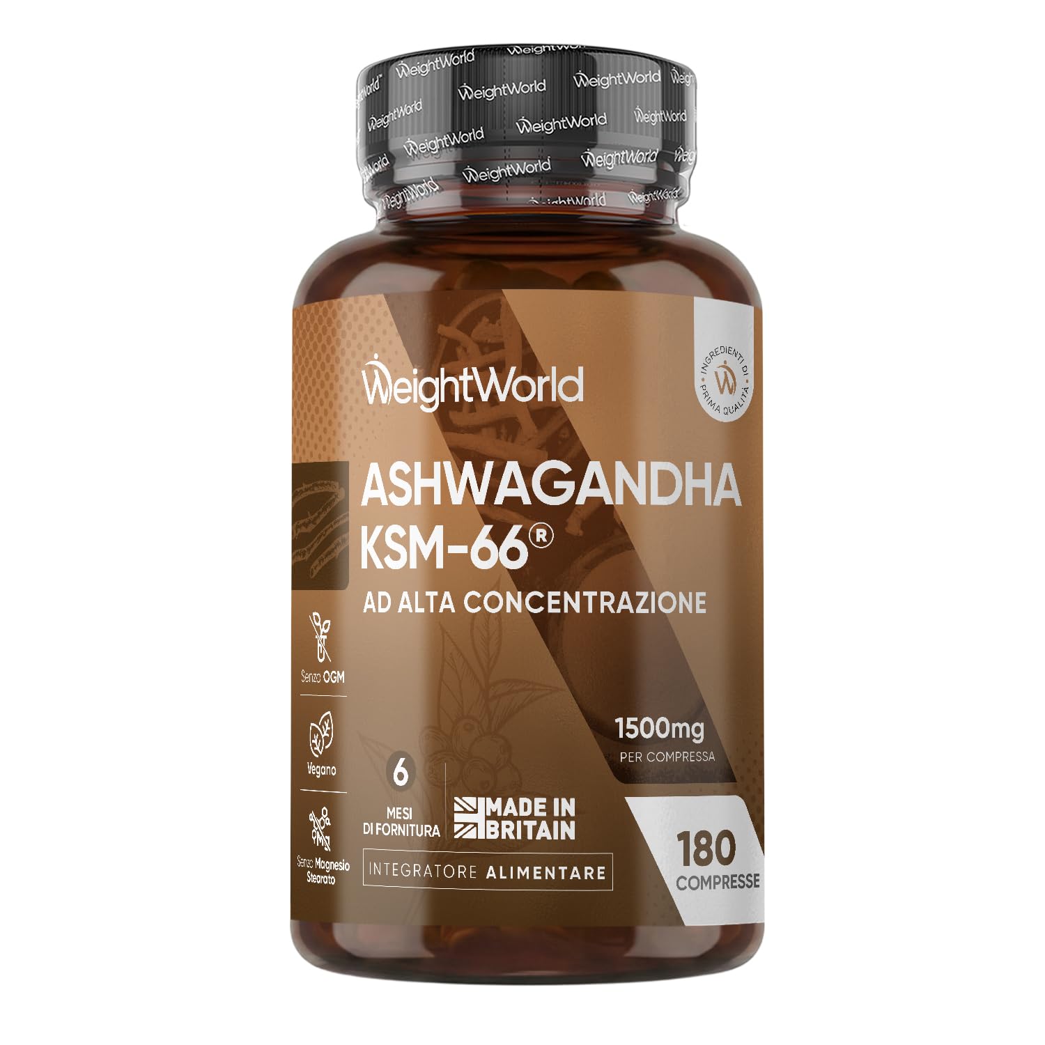 Ashwagandha KSM-66 Vegana 180 Compresse, 1 al Giorno (6 Mesi di Scorta), 1500mg per Compressa, Estratto 12:1 Integratore Ashwagandha Polvere ad Alta Concentrazione, Withania Somnifera, Prodotto in UK