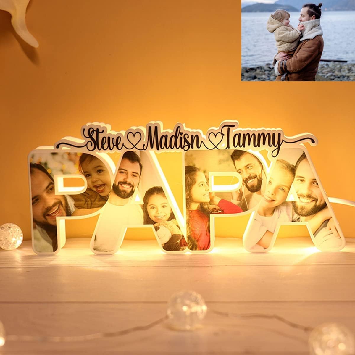 Customized Photo Father Gifts Bedside Small Warm Night Light, Personalized Dad Name Led Bedroom Living Room Lamp with USB Charger, Decorative Nightstand Lamps Gift for Men