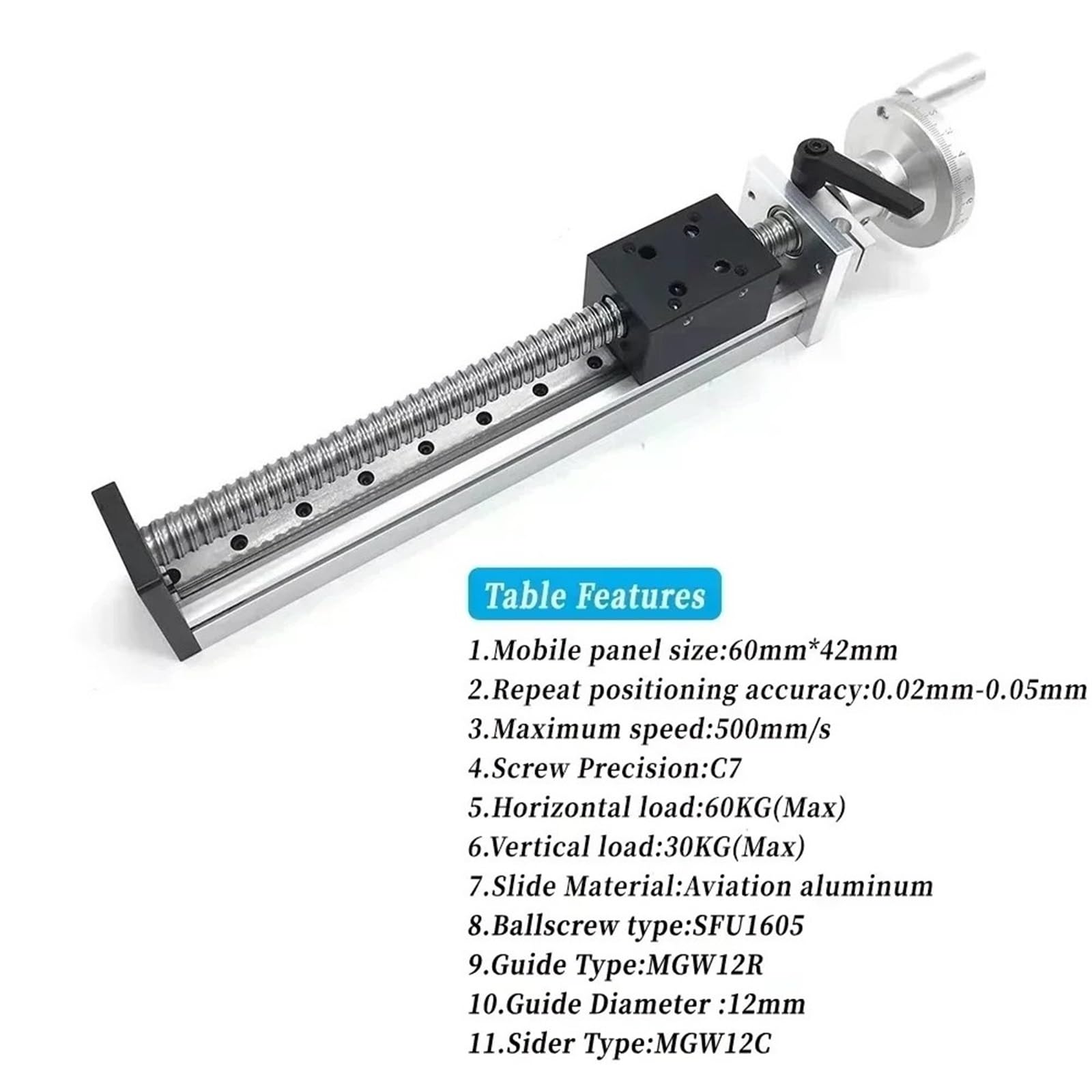 Dual Optical Axis Manual Sliding Table Rail Guide SFU1605 C7 Ball Screw Manual Sliding Table Linear Rail Stage Module with Hand Wheel 100mm-300mm Stroke(200mm Stroke)