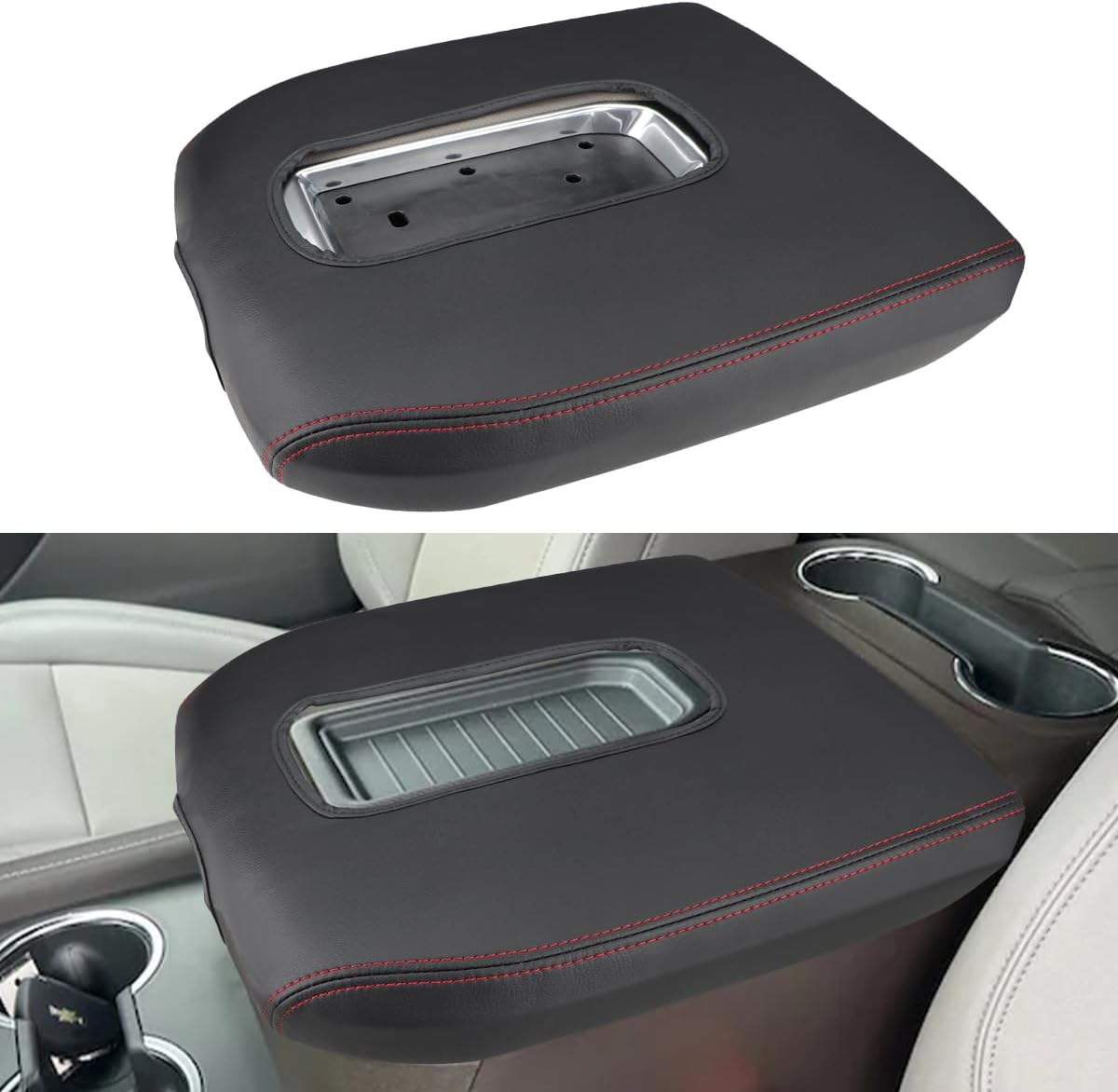 INTGET Center Console Armrest Cover for 2019-2024 Chevy Silverado & GMC Sierra, Center Console Lid, Arm Rest Box Protector (Red Stitches, Bucket Seat 2019-2024 Silverado/Sierra etc.)