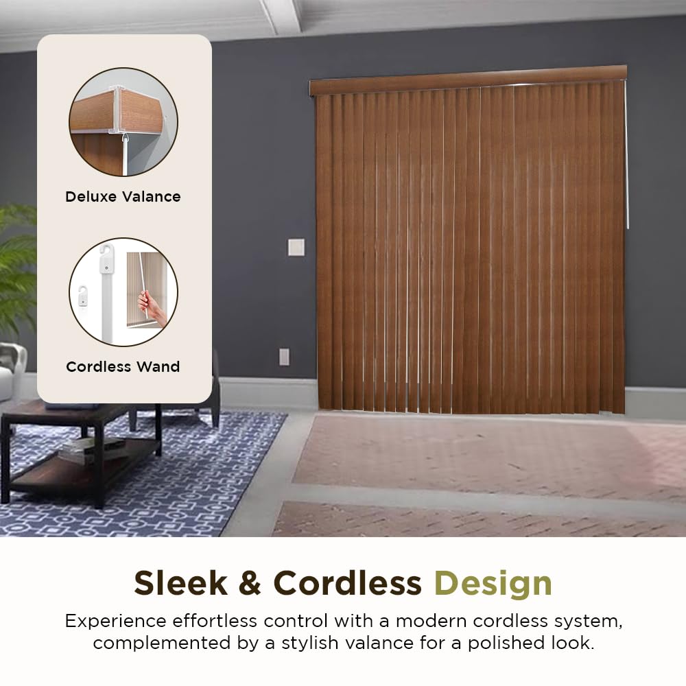 BlindDen - Vinyl Vertical Window Blinds for Home - Vertical Blinds for Sliding Glass Doors - Wood-Look Chestnut, 82