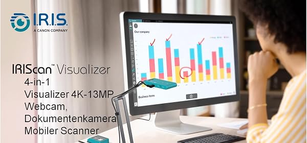 IRIScan Visualizer Webcam Document Camera v7: 4K UltraHD-13MP, 4en1,visualiseur,Scanner A3,Scanner Portable, vidéo conférence,AI Micro Annulation Bruit,Auto Focus,LED,USB,WinMac (4K-13MP) - 3