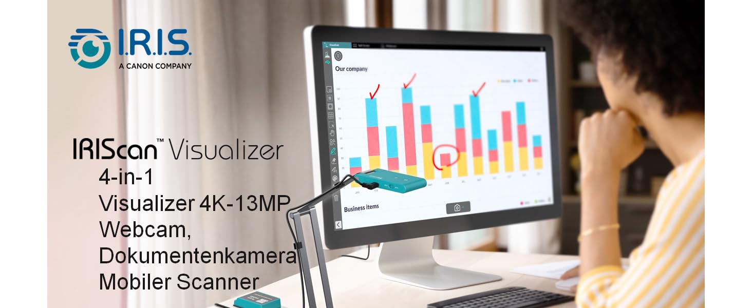 IRIScan Visualizer 7 Caméra Document 4K 13MP Gris Vert, Scanner A3 Portable pour Éducation et Visioconférence, USB Compatible Windows et Mac