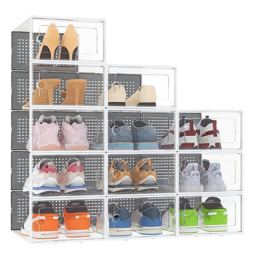 AH Living Shoe Storage Box, 12 Pack, Stackable Shoe Boxes, Plastic Shoe Organisers with Lids, Breathable, Suitable for Women’s/Men’s Shoes, Fits up to UK 9 (White, Medium)