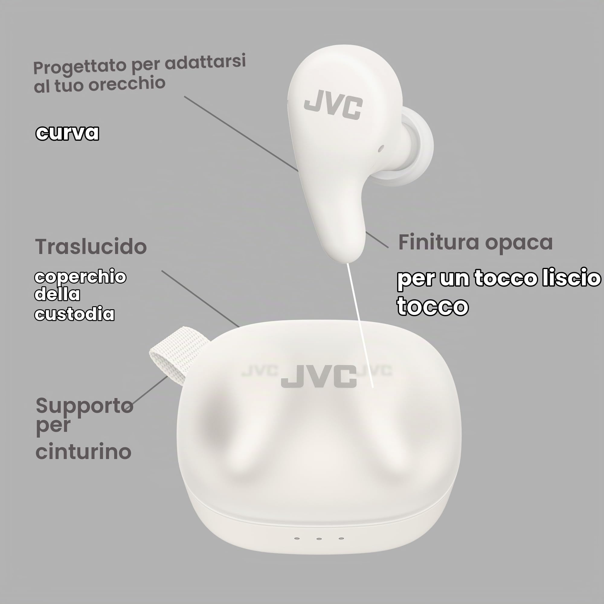 JVC HA-A23T-W - Auricolari True Wireless Gumy Premium con Cancellazione del Rumore, Bluetooth 5.4, Modalità Suono Ambientale, 26 ore di autonomia e Custodia di Ricarica Traslucida, USB-C, Bianco