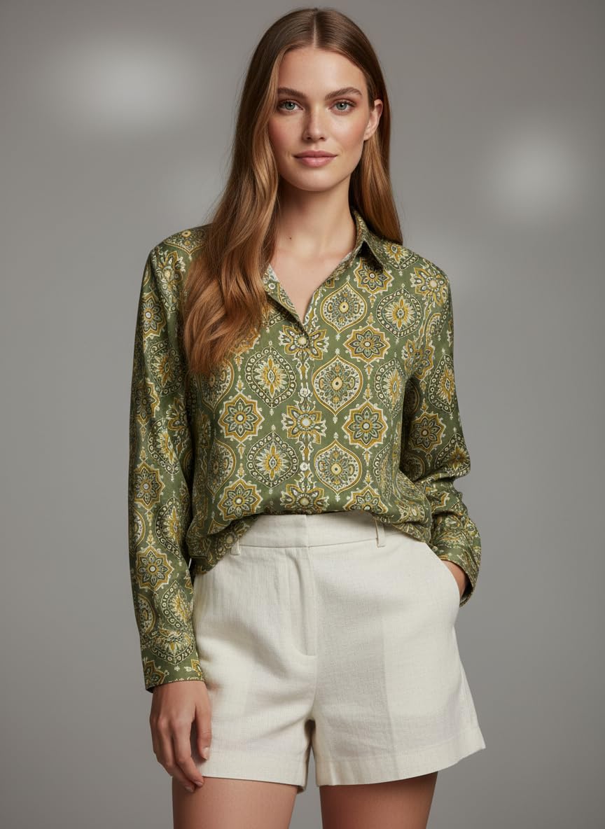 ANNI Designer Bedrucktes Damenhemd aus Baumwollmischgewebe, langärmelig, normale Passform, Hemdkragen, legere Bürokleidung, elegante Western-Kleidung für den Alltag, Hochzeit, Party