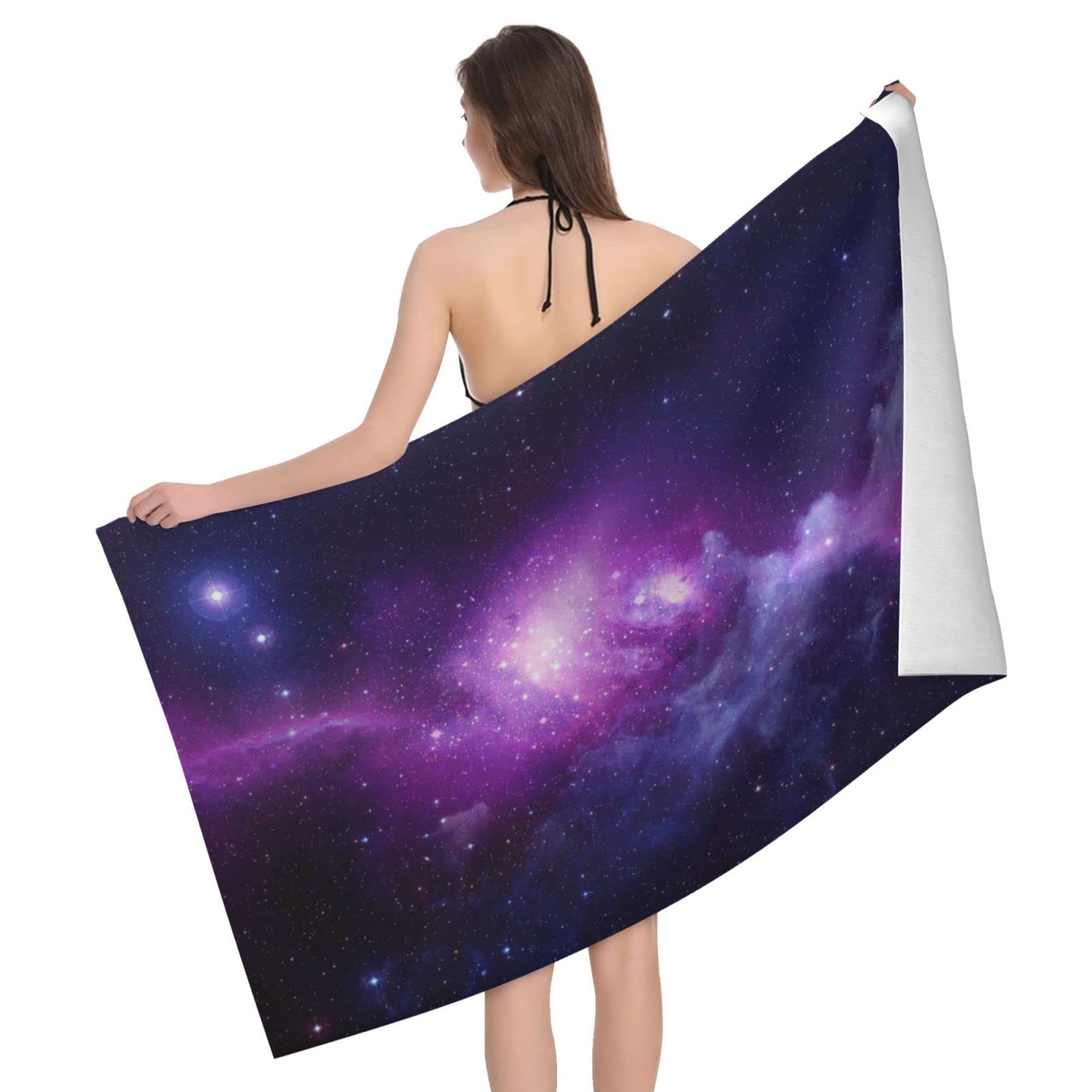 Lawenp Purple Nebula Space Galaxy Beach Towel, Lightweight Sand Free Quick Dry Microfiber Absorbent Bath Towel for Kids, Adults, Swimming, Bath, Yoga, Pool, Travel, Camping 32"X52"