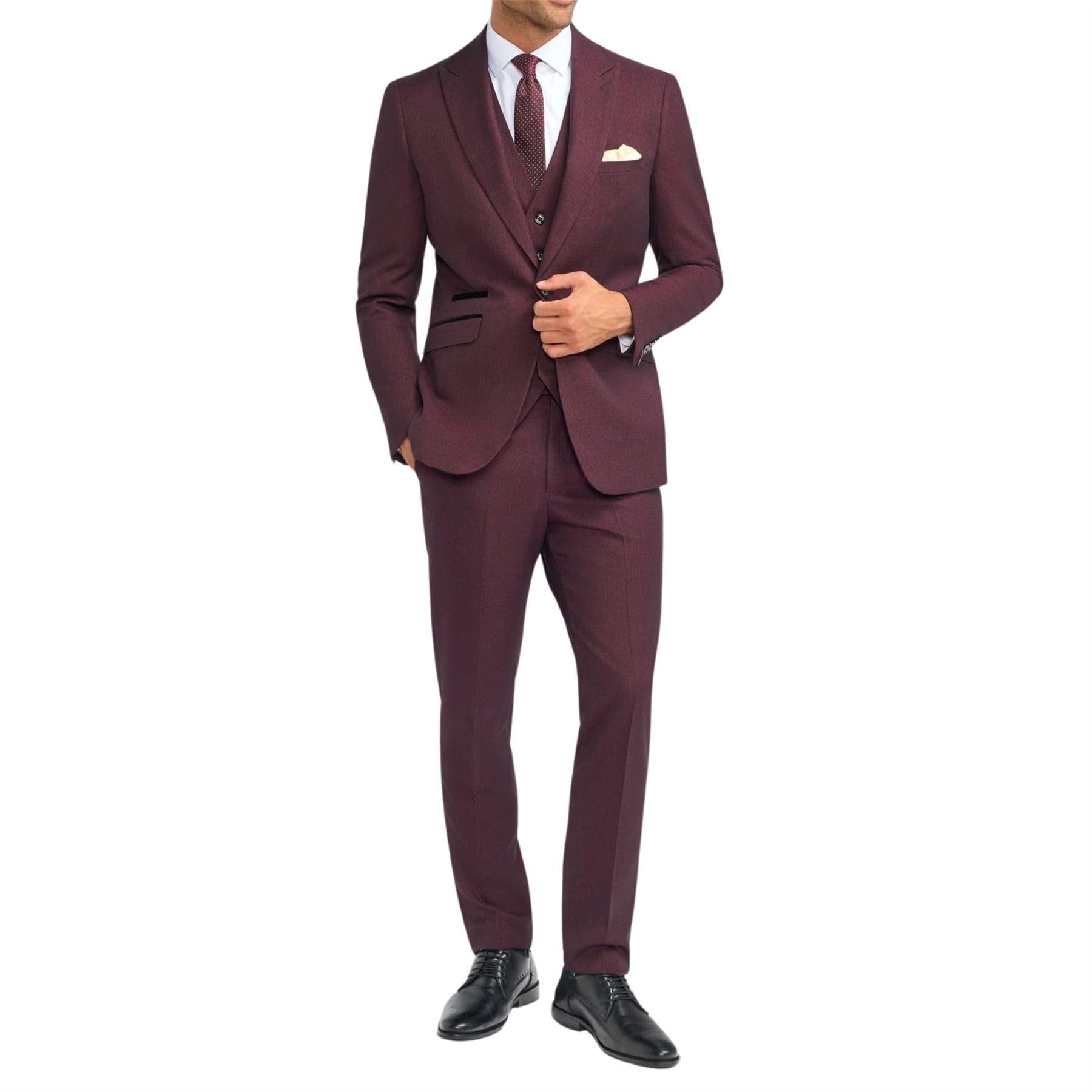 Truclothing Men's Wine Suit Burgundy 3 Piece Checked Tailored Fit Formal Dress - 44