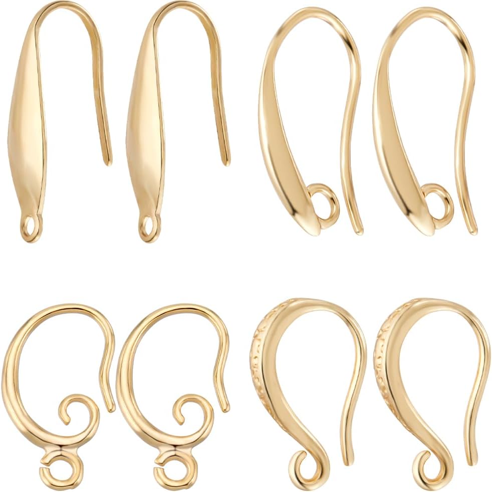 Beebeecraft 1 Box 32Pcs 4 Styles Earring Hooks 18K Gold Plated Brass Earring Making Kit Ear Wire with Loops for Jewelry Earring Making