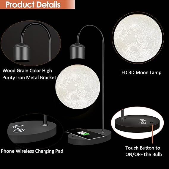 Magnetic Levitating Moon Lamp with Phone Wireless Charging Pad Changeable 3 Colors 3D Moon Levitation Floating Mood Night Light Table Lamp Christmas Gift Home Decoration