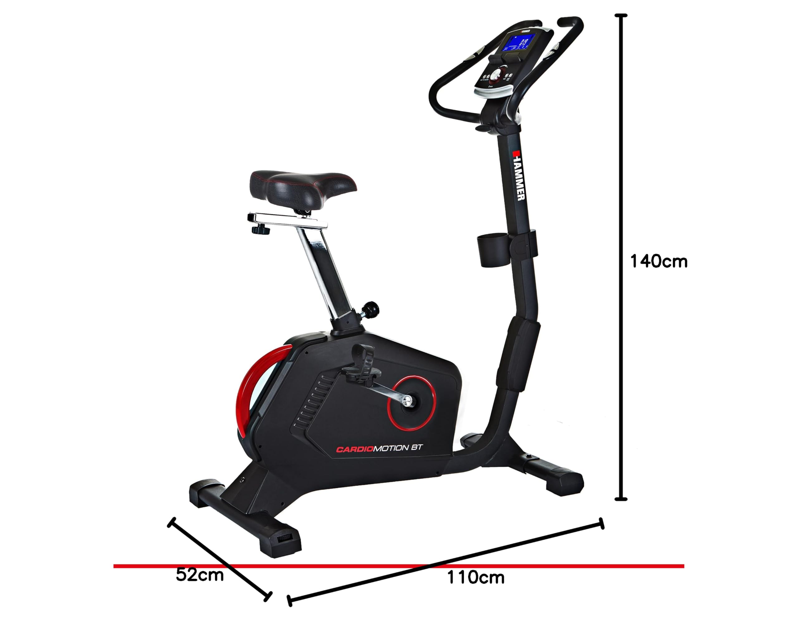 HAMMER Ergometer Cardio Motion BT, leises Fitnessfahrrad mit tiefem Einstieg und Comfort-Sattel, geeignet als Heimtrainer für Senioren, Bluetooth und App-Steuerung, Tablethalterung, 110 x 52 x 140 cm